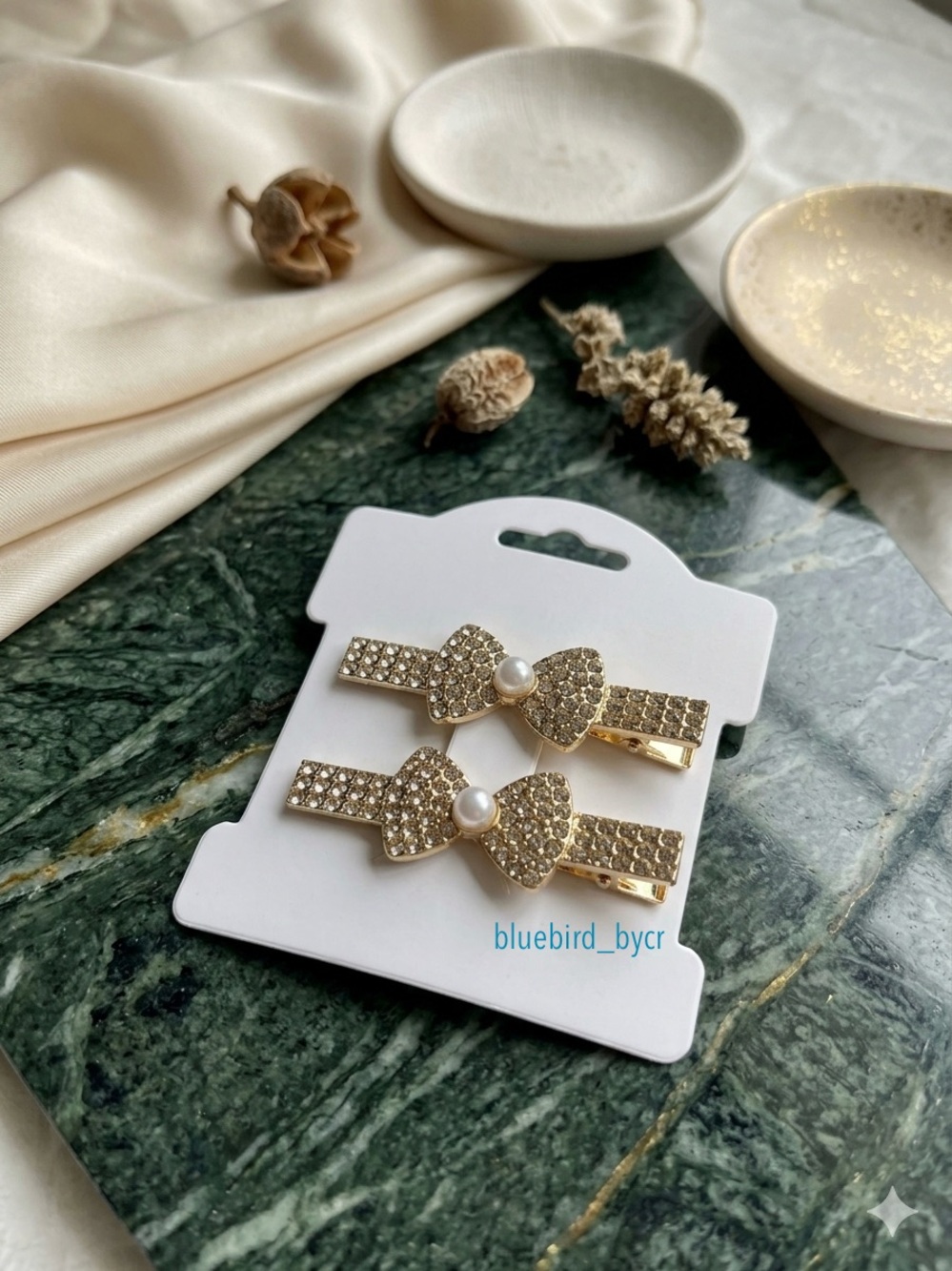Gold Crystal Bow Hair Clips with Pearl Accent